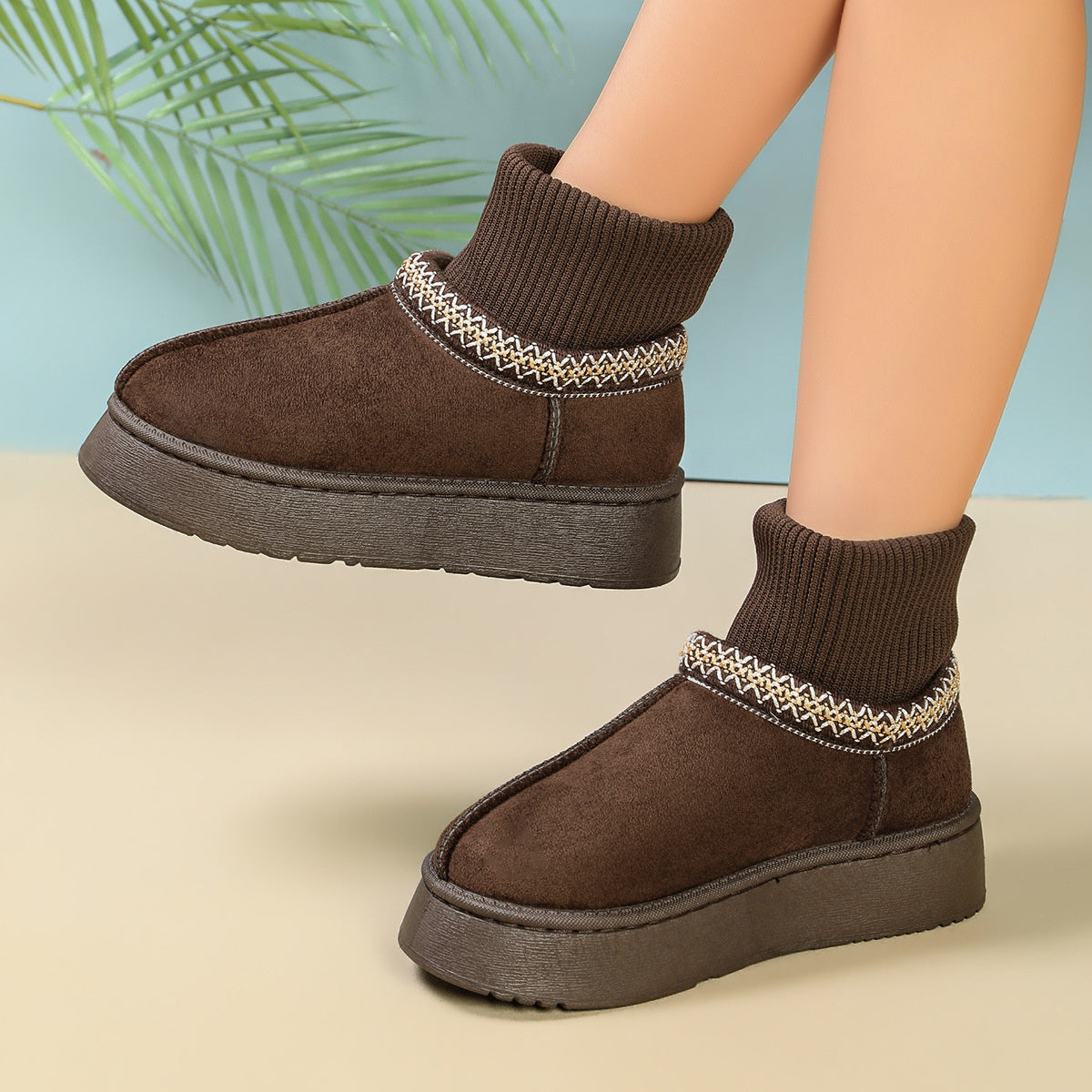 Cozy Knit-Cuff Platform Faux Suede Boots