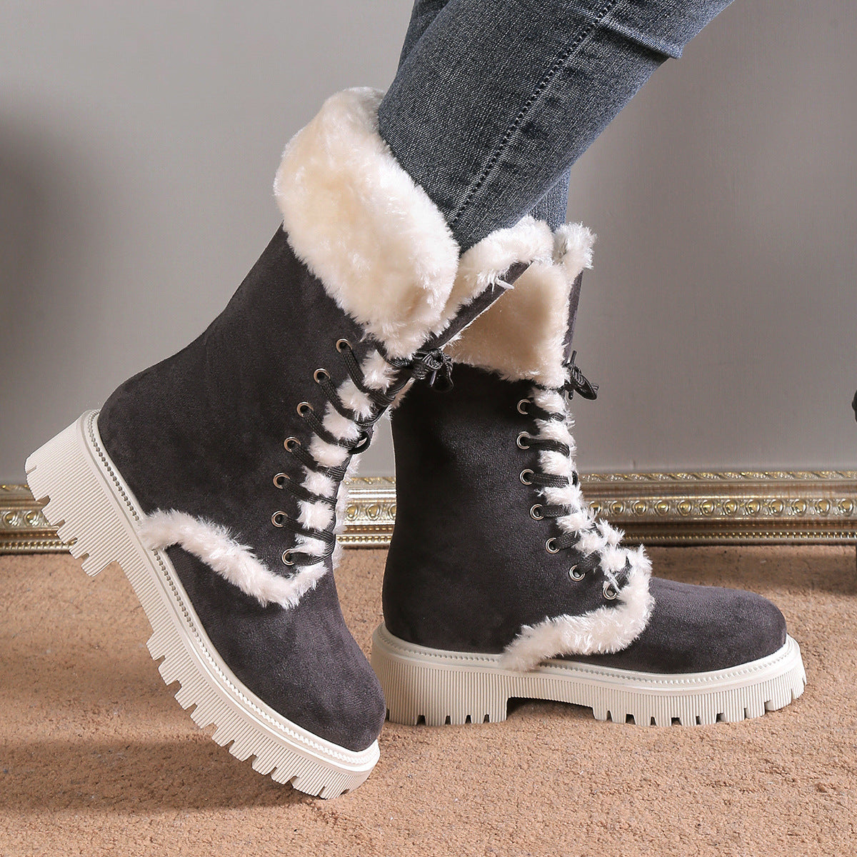 Bootara Winter New Women's Velvet Mid-Tube Cotton Boots with Thickened Lining and Height-Enhancing Design