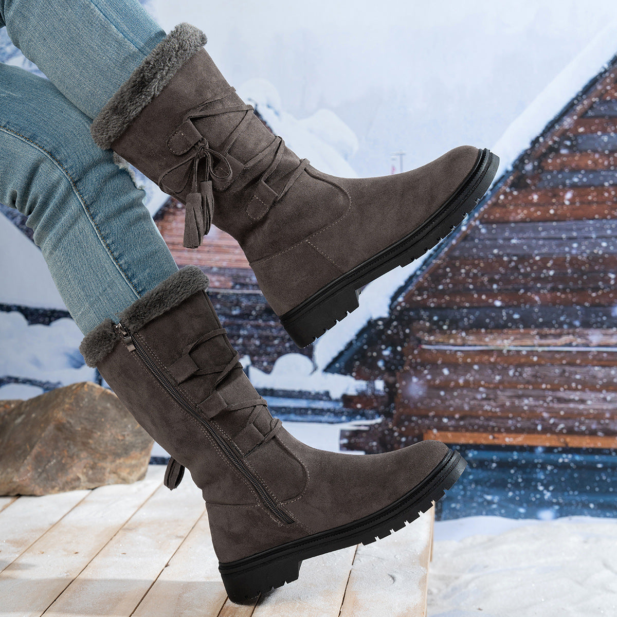 Bootara Women's Marlowe Fleece-Lined Mid-Calf Snow Boots – Lace-Up Winter Boots with Side Zip & Faux Fur Trim (US 5–10.5)