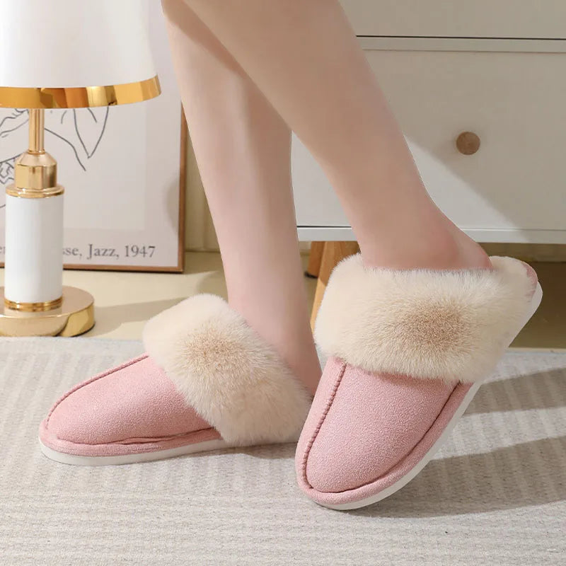 Women's plush faux fur house slippers with non-slip sole