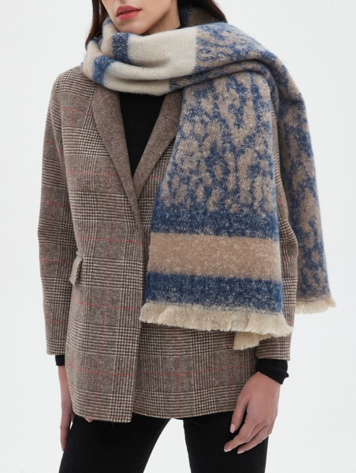 Leopard Panel Striped Fringed Blanket Scarf