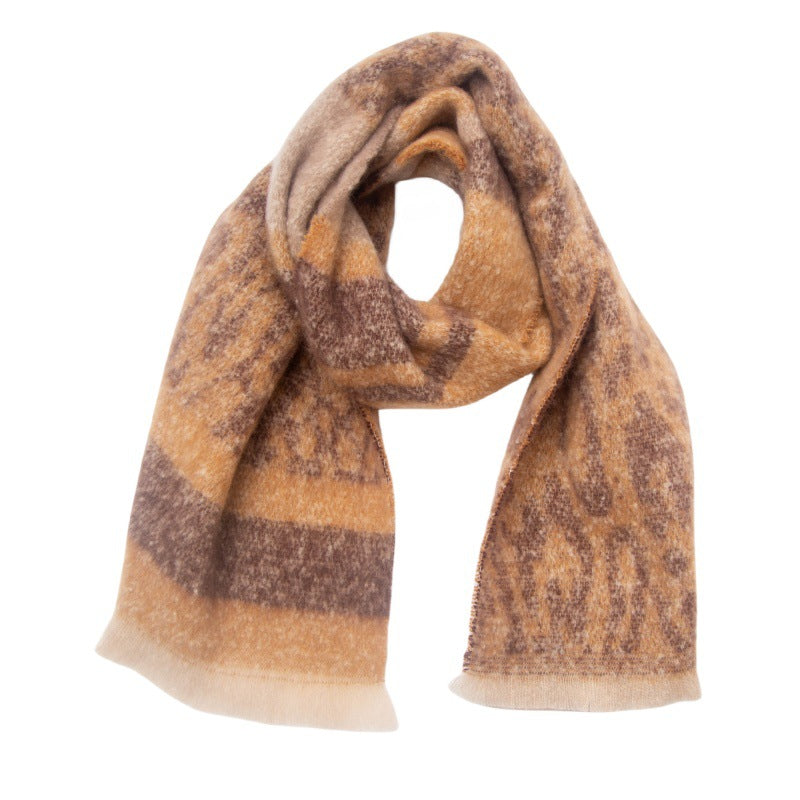 Leopard Panel Striped Fringed Blanket Scarf