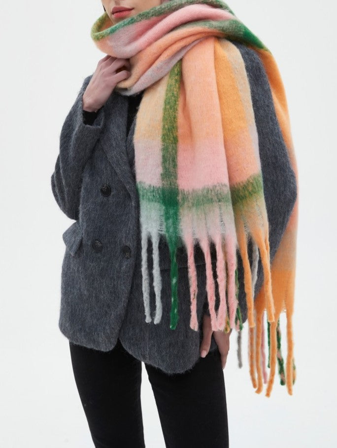 Bold Check Fringed Blanket Wrap Scarf