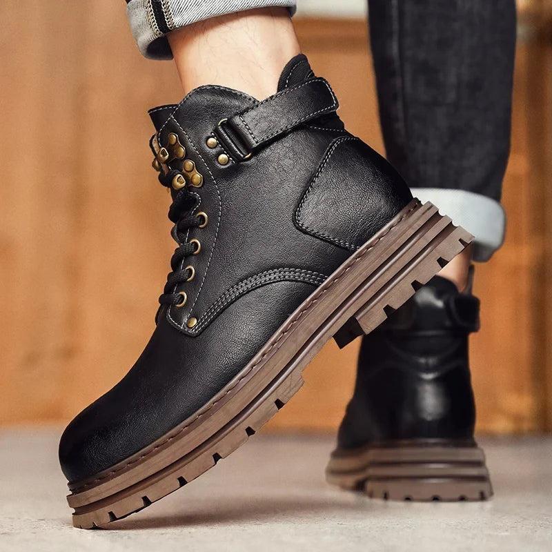 Men's Genuine Leather Snow Boots - Plush-Lined Ankle Boots