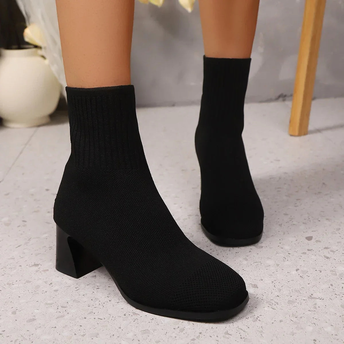 Knitted Sock Ankle Boots with Square Heels