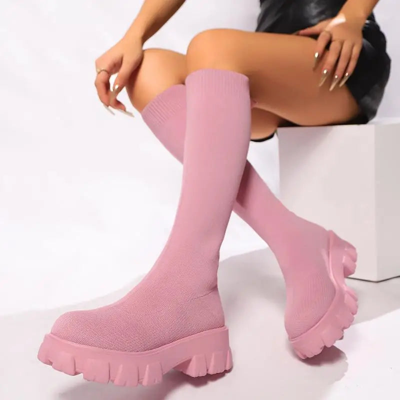 Platform Lug-Sole Boots with Block Heel