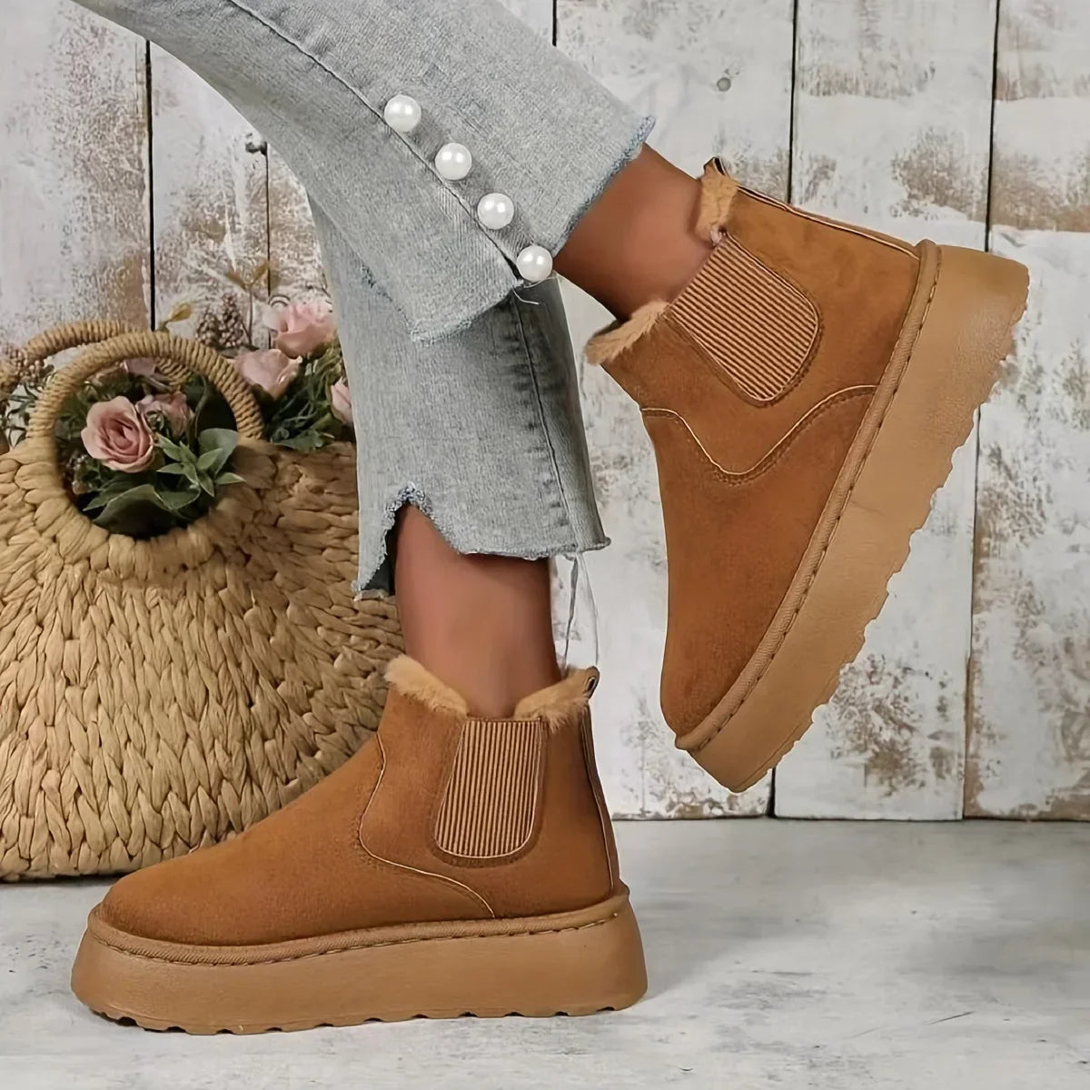 Women's Suede Chelsea Ankle Boots - Plush-Lined Platform Boots