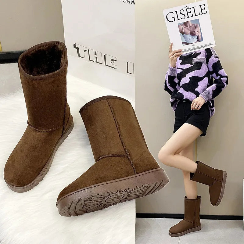 Women's Flannel Mid-Calf Boots - Round Toe Winter Boots