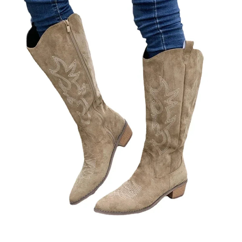 Embroidered Knee-High Western Boots