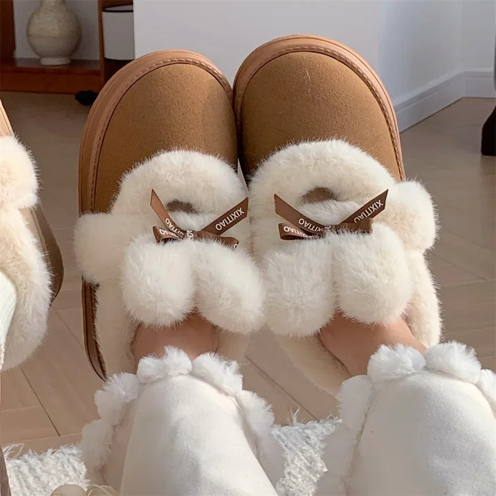 Women's Bowknot Snow Boots - Thick Platform Ankle Boots, Fur Warm
