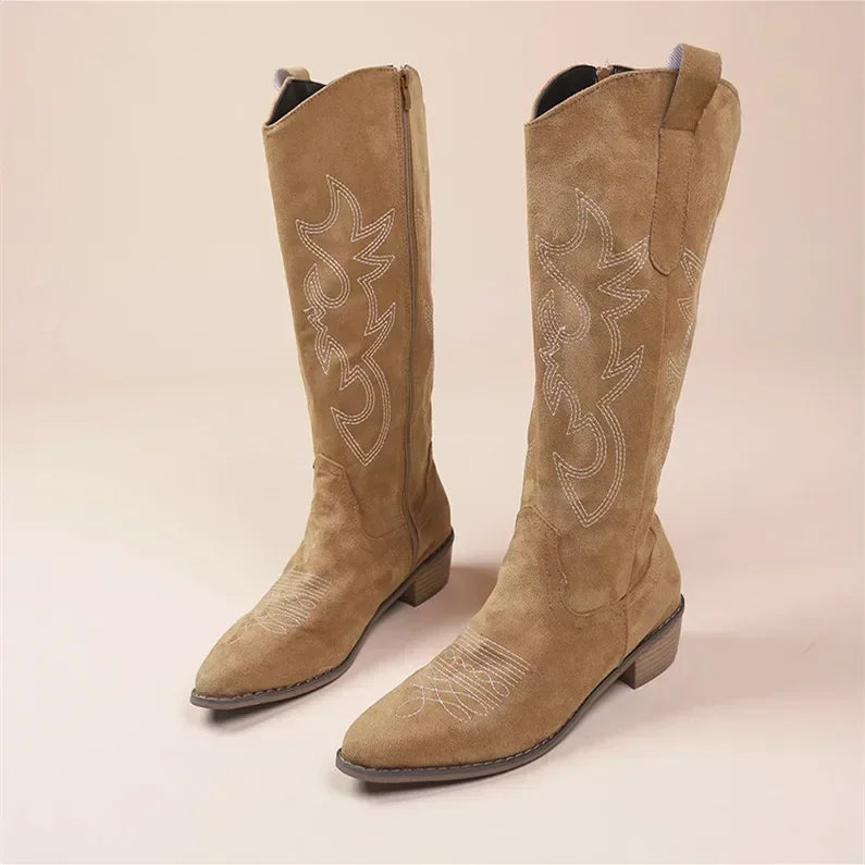 Embroidered Knee-High Western Boots