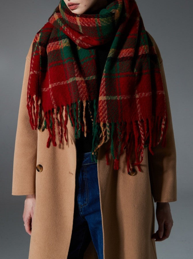 Red Tartan Fringed Blanket Scarf