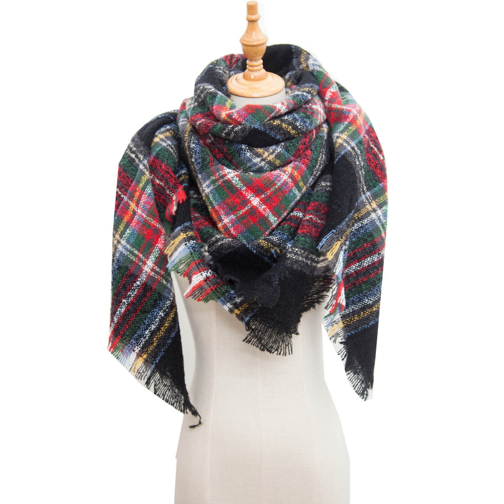 Checked Triangle Blanket Scarf With Frayed Trim