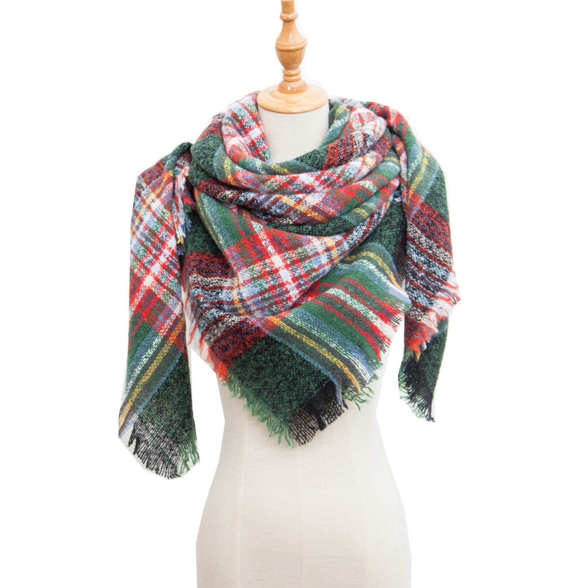 Checked Triangle Blanket Scarf With Frayed Trim