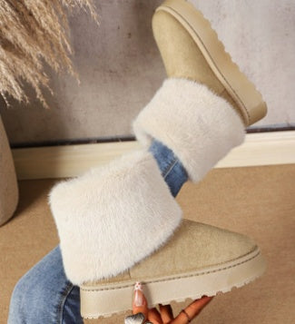 Women's fold over furry cuff platform suede snow boots