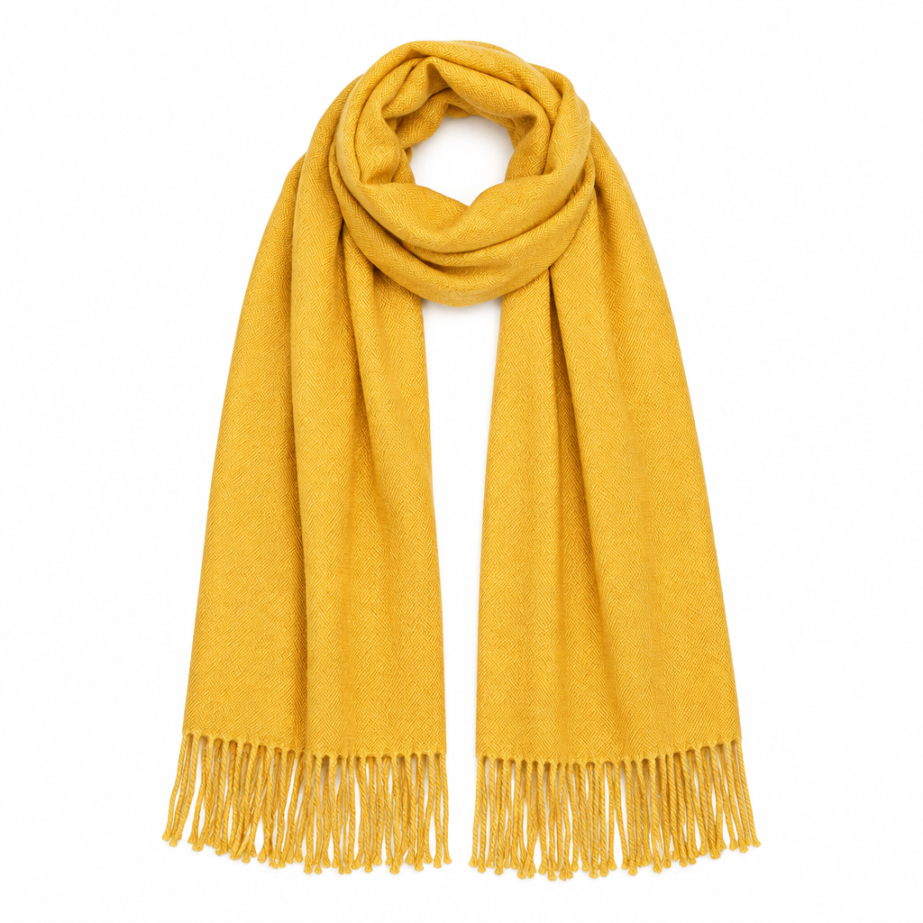 Mustard Yellow Oblong Scarf with Tassels Lightweight Soft Solid Wrap for Women